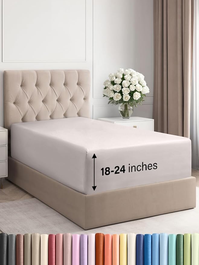 Extra Deep Twin Fitted Sheet - Hotel Luxury Single Fitted Sheet Only - Easily Fits 18 inch to 24 inch Mattress - Ultra Soft, Wrinkle & Fade Free w/Extra Deep Pockets - Breathable & Comfy - Light Grey