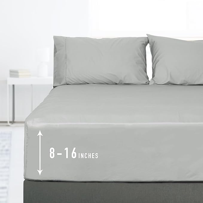 Sunflower King Fitted Sheet, 1-Piece Deep Pocket Fitted Bottom Sheet 16", 100% Cotton Sateen Soft Breathable, Silver Gray