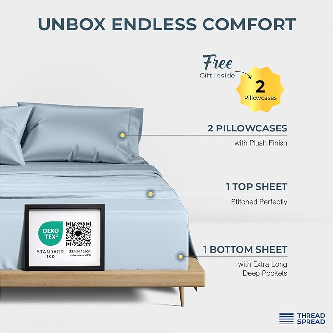 THREAD SPREAD 100% Egyptian Cotton King Size Sheets Set - Luxury 1500 Thread Count Egyptian Cotton Sheets King Size, 17" Deep Pocket, Soft, Cooling Sateen Weave Hotel Quality Bedding Set - Light Blue