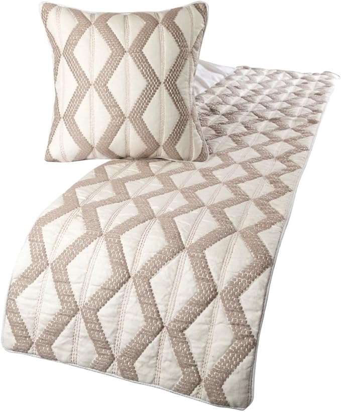 The HomeCentric Ivory Bed Runner Without Pillow Cover, Queen Size 74"x18" Decorative Bed Runner, Ivory & Taupe Linen Bed Scarf in Quilted Pattern & Linen Embroidery - Pattern Flatter