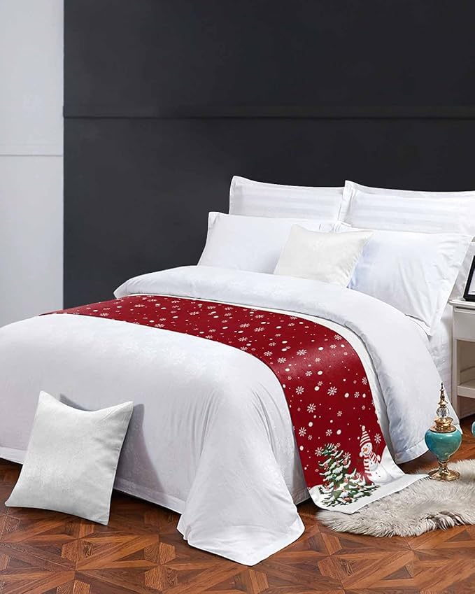 Christmas Tree Snowflakes Snowman Bed Runners for Bedroom Hotel,Decorative Bedding Scarf Red White Green Bed End Blanket Bedding Runner Scarves for King Size Bed,102x20in