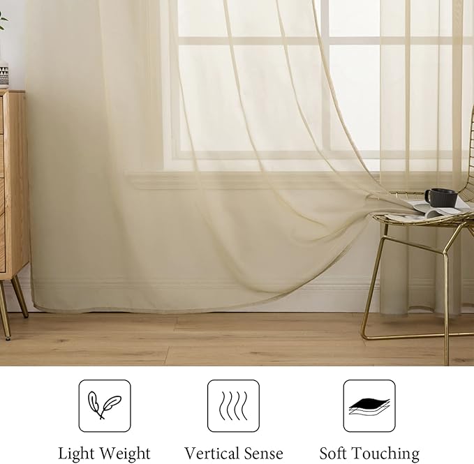 MIULEE Beige Window Sheer Curtains for Bedroom Living Room Solid Elegant Net Drapes 2 Panels Width 38 x Length 84 Inches