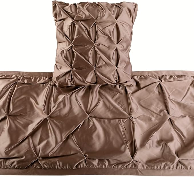 The HomeCentric Beige Bed Runner, King Size 90"x18" Decorative Bed Runner with 2 Matching Pillow Cover, Beige Satin Bed Scarf in Pintucks - Satin Ballet Swirl
