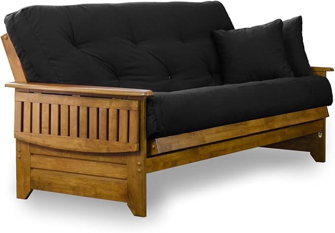 Nirvana Futons Brentwood Tray Arm Futon Sofabed Set - Queen Frame, 8" Thick Black Mattress, Rich Heritage Finish