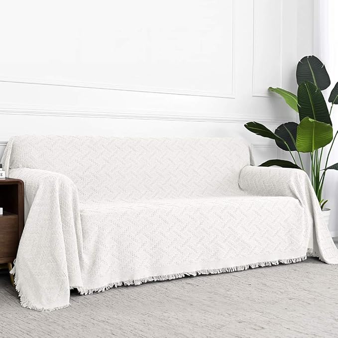 MYSKY HOME White Geometrical Sofa Covers, Sectional Couch Covers for 2 Cushion Couch Couch Cover Living Room Sofa Throws Sofa Slipcovers for Pets, Kids (Large, 71" x 102", White)