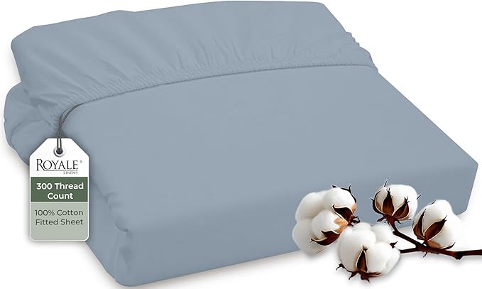 ROYALE LINENS 300 Thread Count 100% Long Staple Combed Cotton Fitted Sheet California King - Super Soft Deep Pocket Bottom Sheet - Fitted Sheets Only - Elastic Sheets (Cal King, Lake Blue)