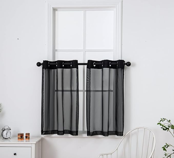 PI Black Sheer Tier Curtains 36 Inches Length with Ring Top,Small Polyester Casual Modern Café Curtains for Kitchen/Bathroom/Farmhouse/Basement 2 Panels(Black,W42XL36)
