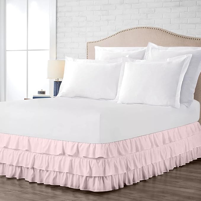 Multi-Ruffle Bed Skirt, Soft Multi Elastic Dust Ruffles with Wrap Around Bed Skirt Easy Fit with 18 Inch Drop 100% Cotton 800 Thread Count (Olympic Queen, Pink)