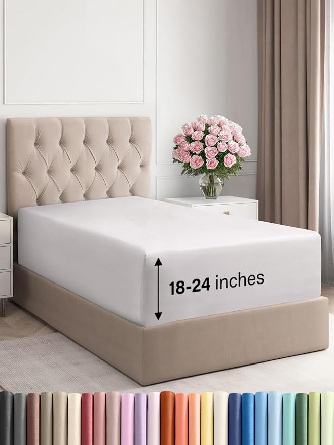 Extra Deep Twin Fitted Sheet - Hotel Luxury Single Fitted Sheet Only - Easily Fits 18 inch to 24 inch Mattress - Ultra Soft, Wrinkle & Fade Free w/Extra Deep Pocket - Breathable & Comfy - French Grey