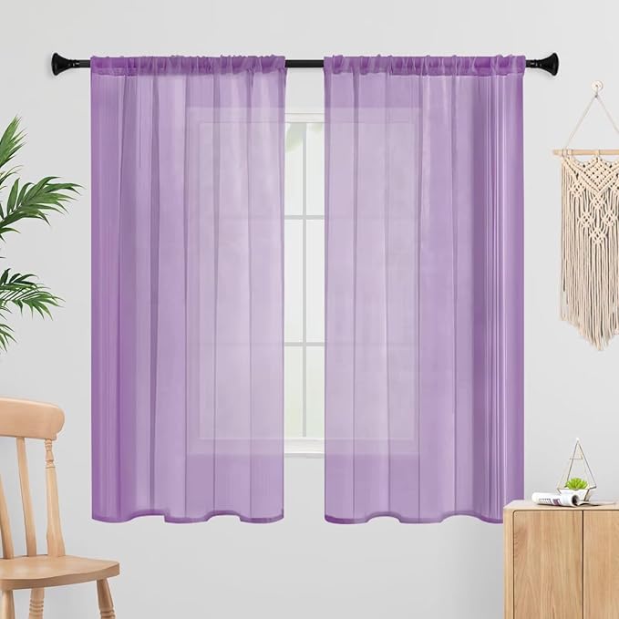 Sheer Curtains 54 Inches Long 2 Panels, Rod Pocket Short Curtain for Kitchen, Bedroom, Cafe Window(Lavender 38" W x 54" L)