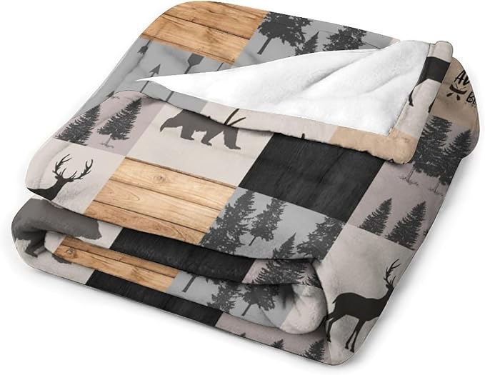 Rustic Cabin Throw Blanket, Retro Camping Bear Deer Farmhouse Wildlife Tree Forest Brown Gray Print Warm Flannel Blanket for Bedroom Camping Travel, 60"x80"