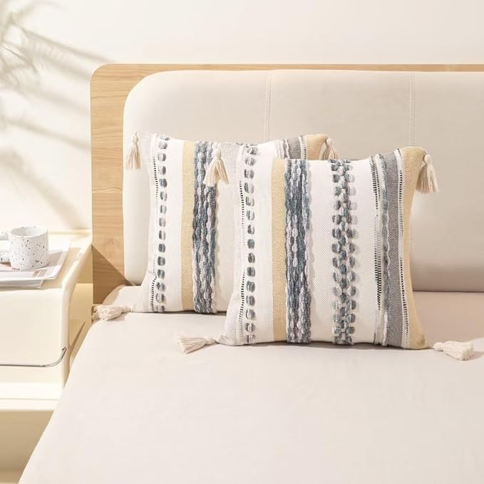 Boho Throw Pillow Covers 18x18 Set of 2 Woven Tufted Farmhouse Pillows Cover with Tassels Textured Striped Cushion Case Neutral Pillow Cases Decorative Pillowcase for Sofa Couch Bed,Grey