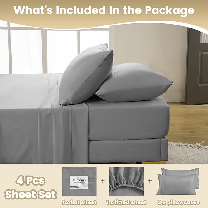 Full Sheet Set - 4 Piece Silky Soft Breathable Bed Sheet & Pillowcase Set, 16" Deep Pocket Hotel Luxury Wrinkle Free Easy Care Bedding Sheets, Light Grey