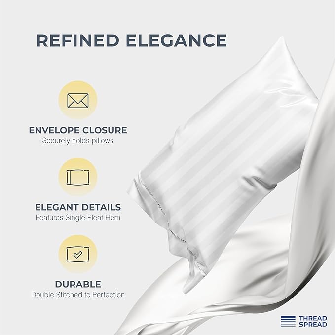 THREAD SPREAD 100% Egyptian Cotton Sheets Queen Size - 1500 Thread Count 4 PC Damask Sheet Set Egyptian Cotton, Sateen Luxury Sheet Queen Size, Soft Sateen Sheets, 17" Deep Pocket - White Stripe