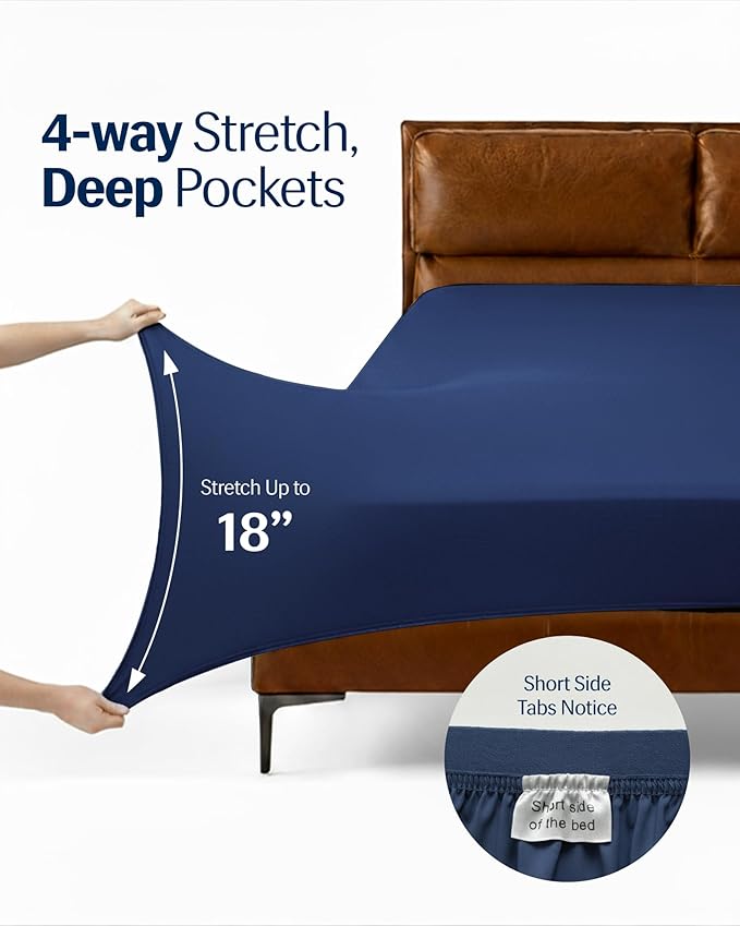 REST® Evercool®+ Cooling Sheet Set, Cali King, Midnight Blue, Breathable Bed Sheets for Hot Sleeper and Night Sweats, with Pillowcases, with Ionic+ Self-Cleaning Silver Yarn for Sensitive Skin, 4PCS