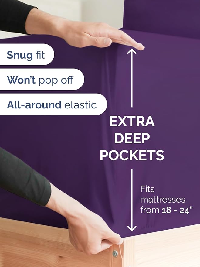 Extra Deep King Fitted Sheet - Hotel Luxury Single Fitted Sheet Only - Easily Fits 18 inch to 24 inch Mattress - Ultra Soft, Wrinkle Free w/Extra Deep Pockets - Easy-Care, Breathable & Comfy - Purple