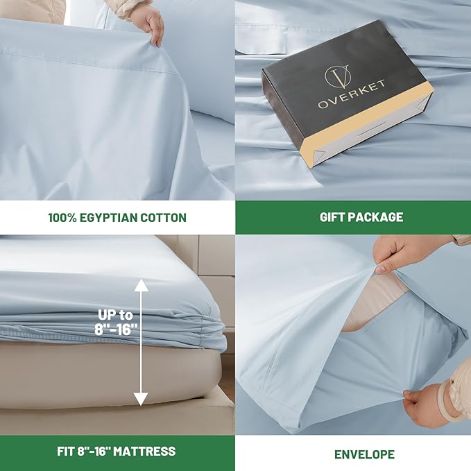 Egyptian Cotton Sheets Full Size 4PCS 1000 Thread Count Sateen Weave Soft Breathable 16-Inch Deep Pocket （Full,Light Blue）