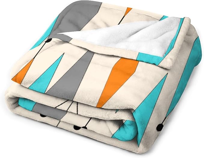 Mid Century Flannel Throw Blankets, Mid Century Modern Geometric Atomic Shapes Orange Retro Style Boho Print Blanket for Bed Couch Sofa Fuzzy Tv Throws 30"x40"