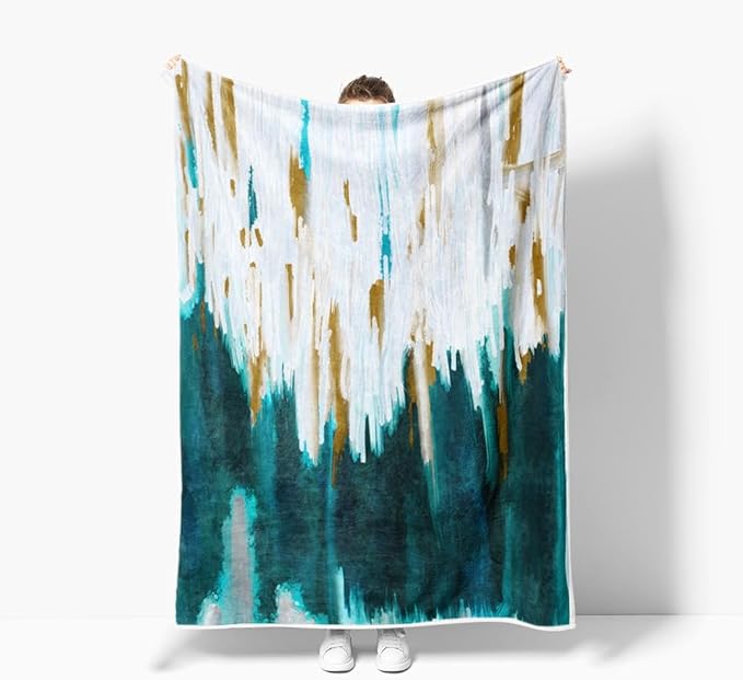 Abstract Ombre Throw Blankets, Modren Chic Art Oil Painting Cozy Warm Bed Couch Blanket, Teal Turquoise Gold White Fleece Flannel Throws to Decorate The Room and Bedroom