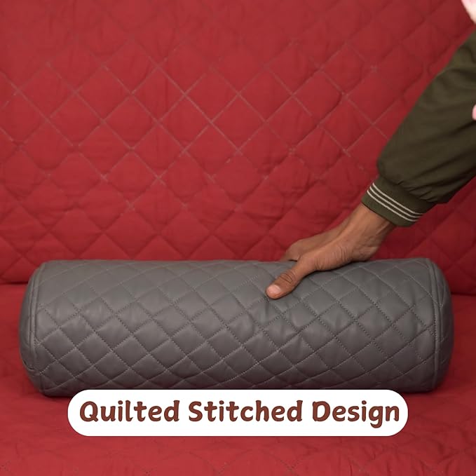 Neck Roll Pillow Cushion Cover, 14x6 Inch Full Moon Round Bolster Pillow Case, Cylinder Soft Lambskin Leather Pillowcase for Head, Spine & Neck Support During Sleep - Quilted Grey Pack of 1