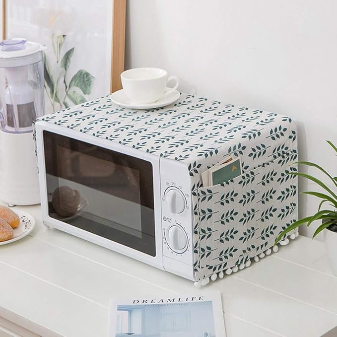 AKOAK 1 Pack 30cm x 90cm/11.81" x 35.43" Household Kitchen Microwave Dust Cover Cotton Linen Oven Cover with Storage Bag Home Decoration Accessories (Green Plants)