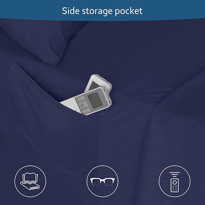 Moonsea King Size Sheets Set for Air Mattress - Deep Pocket King Sheet Set - 3Pcs Side Storage Pocket Fitted Sheet & Pillowcases Easily Fits 16in to 24in Pillow Top Air Bed Mattress - Navy Blue