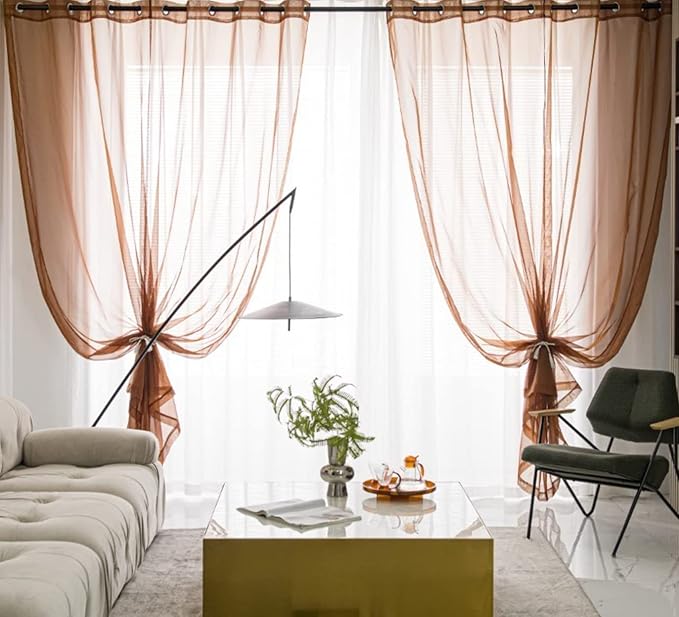 PI Borwn Sheer Curtains with Grommet,Airy Sheer Voile Light Filter Window Curtain for Living Room/Bedroom 2 Panels (W52 X L120, Brown)