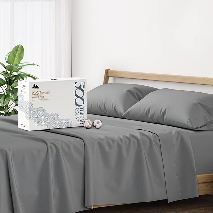 Mayfair Linen 100% Cotton Bed Sheets Twin Sheet Set - 500 Thread Count Sheets Twin Size 3 PC Set (Dark Grey), Soft, Cooling, Hotel-Quality 16" Deep Pocket Sateen Weave Cotton Bedsheet for Dorm Room