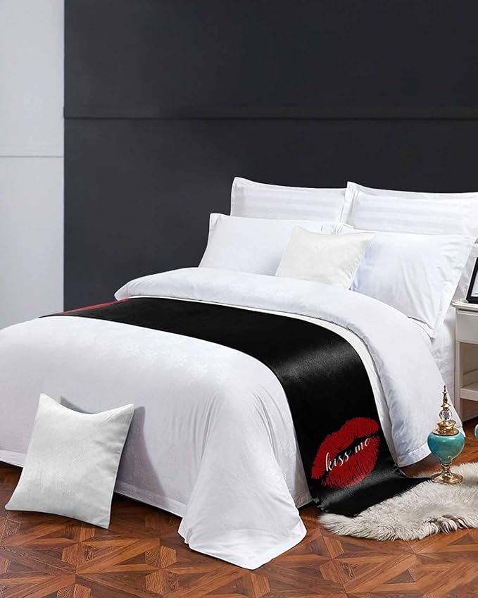 Red Lip Print Kiss Me Bed Runners for Bedroom Hotel,Decorative Bedding Scarf Black Back Bed End Blanket Bedding Runner Scarves for Queen Size Bed,94x20in