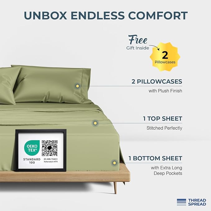 THREAD SPREAD 100% Egyptian Cotton Sheets California King Size Bed Set - 4 PC 1500 Luxury High Thread Count Sage Green Cal King Bed Sheets, Silky Soft, Cooling, Sateen, 17" Deep Pocket Bedsheet Set