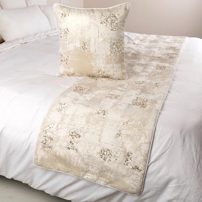 The HomeCentric Ivory Bed Runner Without Pillow Cover, King Size 90"x18" Decorative Bed Runner, Ivory Velvet Bed Scarf in Foil Velvet with Sequin - Creative Grudge