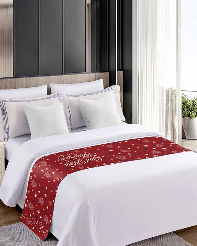 Independence Day Blue White Star Bed Runners for Bedroom Hotel,Decorative Bedding Scarf Freedom Celebration on Red Bed End Blanket Bedding Runner Scarves for Queen Size Bed,94x20in