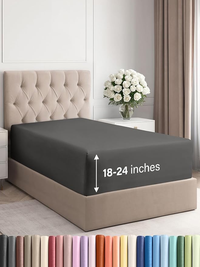 Extra Deep Twin Fitted Sheet - Hotel Luxury Single Fitted Sheet Only - Easily Fits 18 inch to 24 inch Mattress - Ultra Soft, Wrinkle & Fade Free w/Extra Deep Pockets - Breathable & Comfy - Charcoal