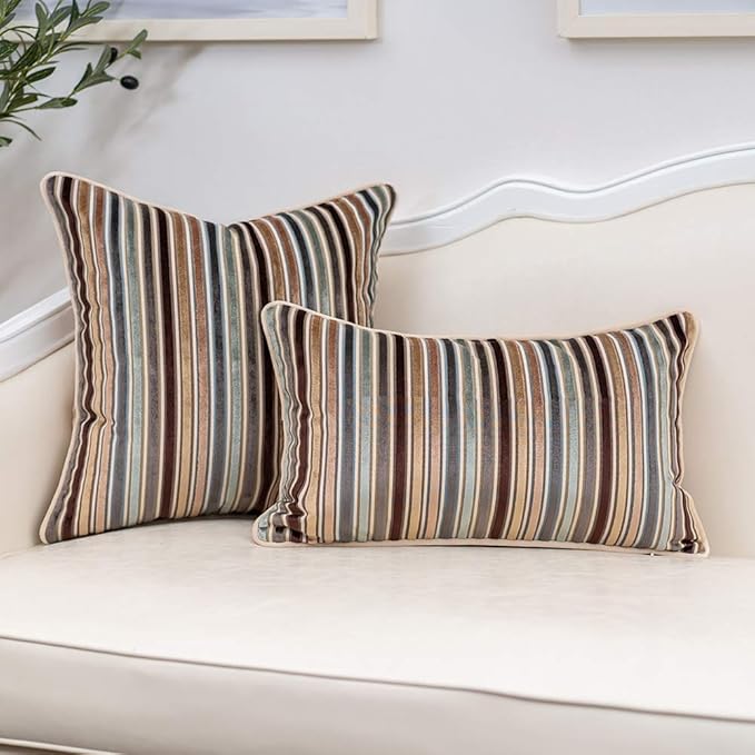 Yangest Brown Striped Throw Pillow Cover Multicolor Velvet Cushion Cover Modern Bohemian Pillowcase for Sofa Couch Bedroom Living Room Home Christmas Decoration,16x16 Inch