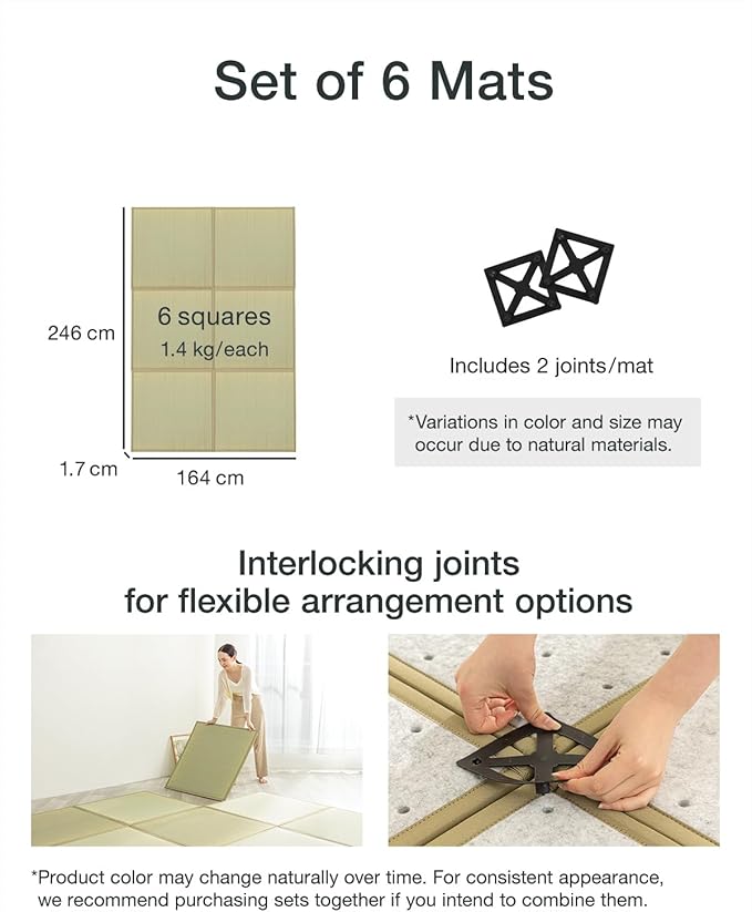 FULI Japanese Square Tatami Rug, Lightweight Igusa Mat (Japanese Rush Grass), Made in Japan (Natural, 6 Pieces)
