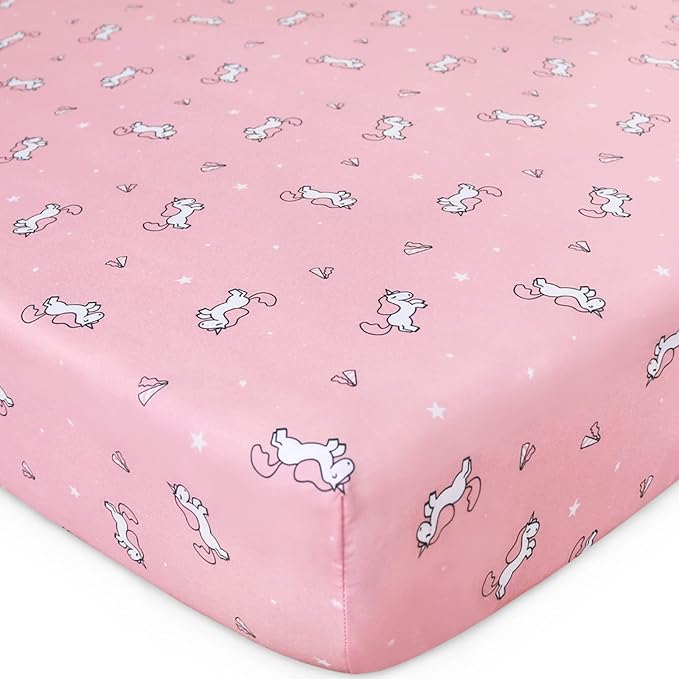 Girl Crib Sheets 2-Pack, Fitted 52'' x 28'' for Standard Crib & Toddler Mattress, Soft and Breathable Material, Neutral & Pink