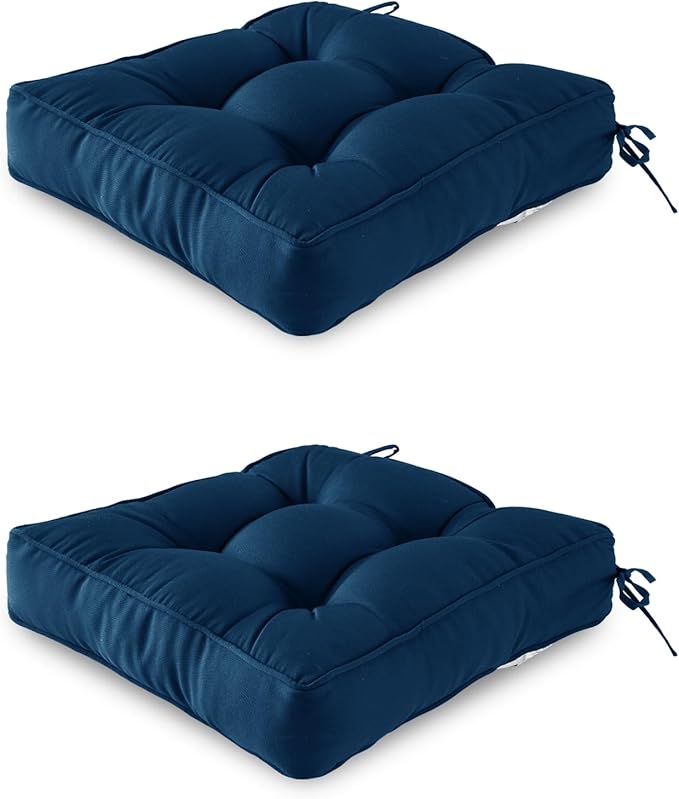 ARTPLAN Outdoor Seat Cushion,Square Thick Tufted Pure Chair Cushion for Patio Wicker Chair with Tie,Set of 2,19"x19"x5"，Classic Blue