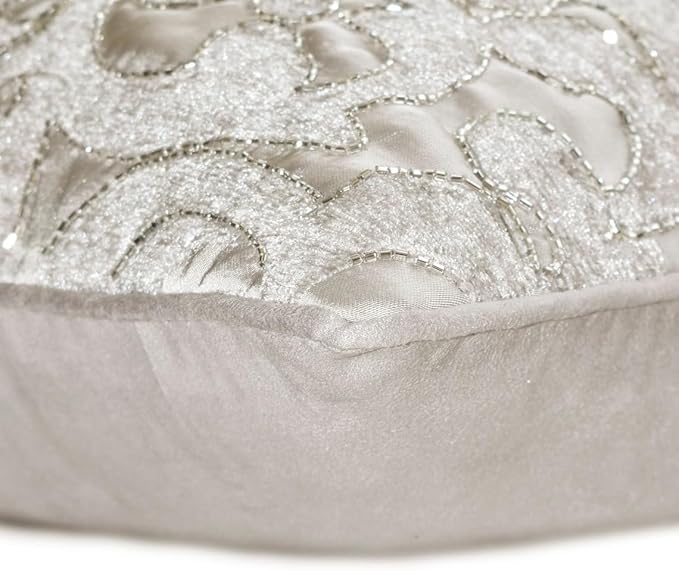 The HomeCentric King/Queen/Twin Silver Decorative Twin 53"x18" Bed Runner with One Pillow Cover, Abstract, Floral, Bead Hand Embroidery Bed Scarf on Jacquard Fabric - Ethereal Silver
