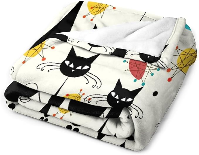 Mid Century Modern Throw Blanket, Atomic Black Cat Starbursts Iconic Sputnik Retro Abstract Geometric 1950s 1960s Throw for Adults Kids Pet, Beige Black 50"x60"