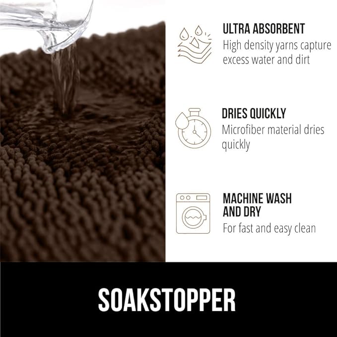 GORILLA GRIP SOAKSTOPPER Dog Door Mat, Machine Washable Rug Absorbent Doormat Captures Moisture Mud Dirt, Quick Dry Soft Chenille Entryway Rugs Indoor Entrance Mats for Dog Paws, 24x17 Brown