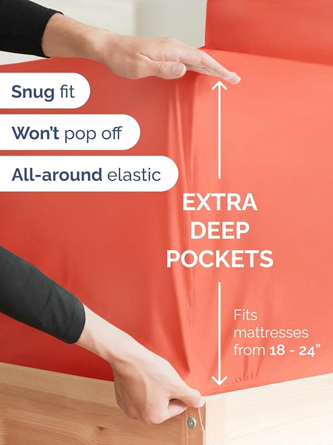 Extra Deep Pocket Queen Sheet Set - 4 Piece Breathable & Cooling Bed Sheets - Hotel Luxury Sheet Set - Ultra Soft, Wrinkle Free & Comfy - Easily Fits Extra Deep Mattresses - Deep Pocket Coral Sheets