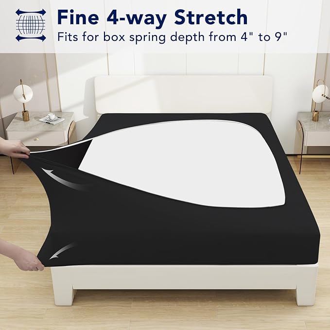 PureFit Stretchy Box Spring Cover Queen - Elastic Fitted Box Spring Wrap Around 4 Sides, Wrinkle & Fading Resistant Fits Queen Size Beds, Black