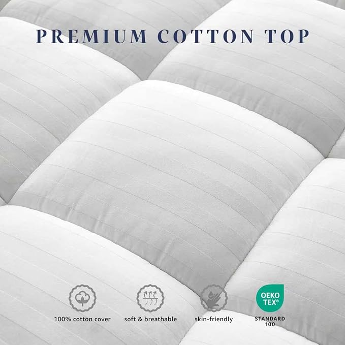 Pillow Top Thick Mattress Topper Twin XL for College Dorm Room Essentials, 100% Breathable Cotton Cover Bed Protector with 8-22" Deep Pocket (39 x 80 Inches, White)