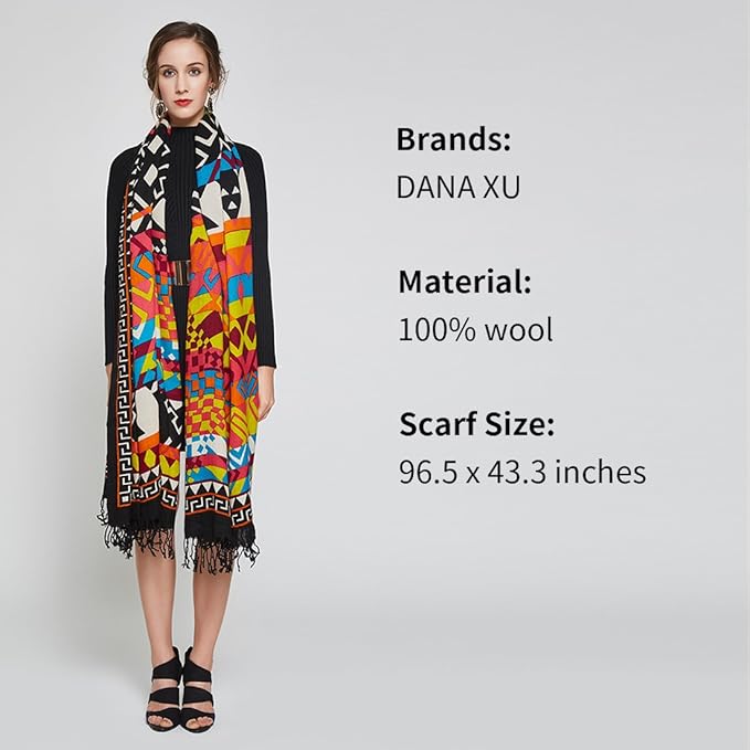 DANA XU 100% Merino Wool Pashmina Shawl for Women 96"x43", Oversized Cashmere Wrap with Tassels, Floral Travel Blanket Cape