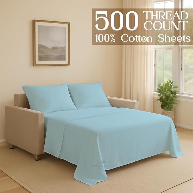 Sleeper Sofa 4 Piece Bed Sheet Set Premium Quality 100% Cotton 500 Thread Count, Smooth & Super Soft Sateen Weave, Extra Soft Bed Sheets, Wrinkle Free, 8 Inch Deep Pocket (Full, Light Blue)