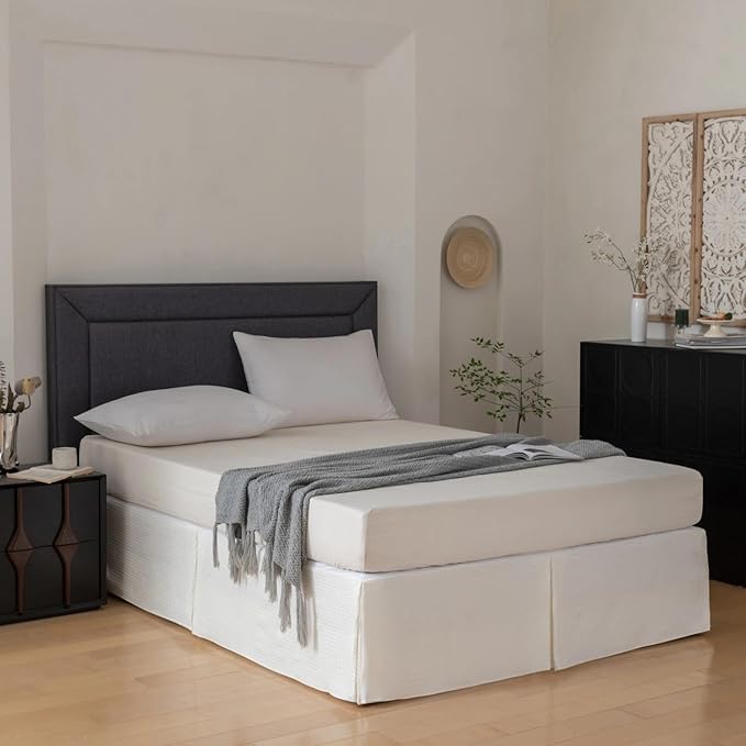 Queen Bed Skirt, Wrap Around Bed Skirt with Pleated Corner, 12 Inch Drop Pleated Waffle Weave Bedskirts, Anti-Slip, Microfiber, Ivory, 12'' Queen