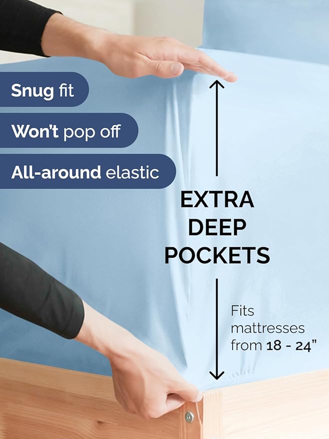 Extra Deep Pocket Cal King Sheets - 4 Piece Breathable & Cooling Bed Sheets - Hotel Luxury Sheet Set - Soft, Wrinkle Free & Comfy - Easily Fits Extra Deep Mattresses - Deep Pocket Light Blue Sheets