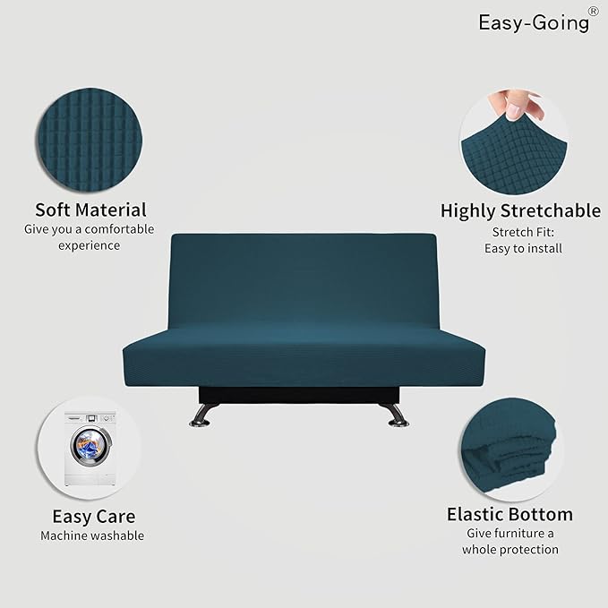 Easy-Going Stretch Futon Slipcover Armless Futon Bed Cover Furniture Protector Without Armrests with Elastic Bottom for Kids, Soft Jacquard Fabric Small Checks (Medium, Deep Teal)