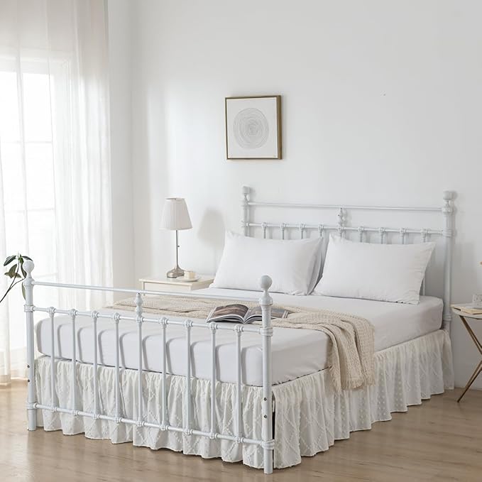 Bed Skirt King Size Ruffled Bed Skirt with Split Corners, 18 Inch Drop Dust Ruffle Bed Skirts with Platform, Boho Tufted Shabby Chic King Size Bed Skirts, Ivory