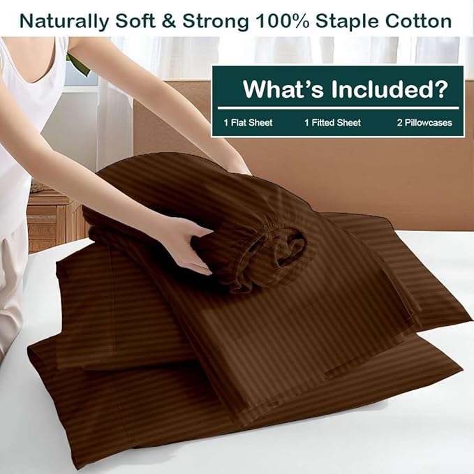NON Sticky cotton Twin Size Sleeper Sofa Sheets, 4 Piece Egyptian Cotton Bed Sheet Set for Sofa Bed, 8" Deep Pocket for Pull Out Couch Mattress, 39" x 75", Chocolate Stripe, Soft & Breathable